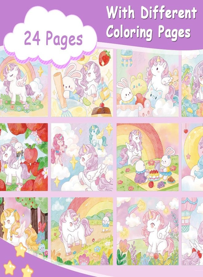PATPAT® Cartoon Watercolor Coloring Book, Includes 18 Dreamy Cartoon Unicorn Castle Scenes Themes & 24Pcs Coloring Punched Bookmarks, 12-Color Water-Based Pigments, Brush Pen, Painting Instructions - Image 2